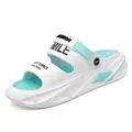 Detailed side view of white and mint green men's summer sandals with thick sport soles - White Blue