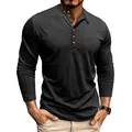 Detail view of charcoal long-sleeve slub polyester Henley shirt with button placket - Black