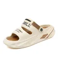 Detailed view of men's thick-soled beach sandals with a dual-purpose rotating back strap - Beige Brown