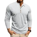 Detailed macro shot of a men's white slub polyester long sleeve Henley shirt with wood buttons - White
