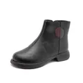 Comfortable black leather ankle boots for women with a warm winter fleece lining - Black
