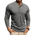 Close-up of men's gray long-sleeved Henley shirt with textured slub fabric and wooden buttons. - Dark Gray