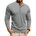 High-quality detail shot of a men's gray long-sleeved Henley shirt with slub texture - Light Gray