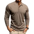 Detailed view of men's long sleeve henley shirt with slub texture and button neck - Khaki