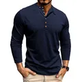 Close-up of navy blue slub fabric men's long-sleeved Henley shirt with button detail - Sapphire Blue