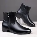 Detail view of men's black leather ankle boots with sleek side zipper and low block heel - 38 / Black