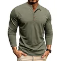 Detailed view of olive green men's long sleeve Henley shirt with slub fabric texture - Army Green