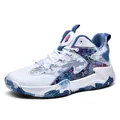 High-top outdoor basketball shoes with breathable mesh panels and purple graphic patterns - 36 / White Blue