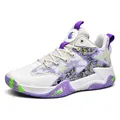 Stylish white and purple high-top basketball shoes with breathable mesh and green accents - 36 / Beige (836)