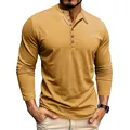 Premium men's long sleeve slub texture Henley shirt in mustard yellow color variant - Yellow