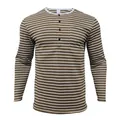 Men's striped long-sleeve Henley shirt in brown and white breathable pique fabric - Dark Khaki