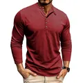 Men's red long sleeve slub cotton Henley t-shirt with button placket design - Burgundy