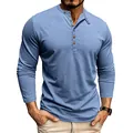 Men's light blue long sleeve slub henley t-shirt with stylish wooden buttons - Light Blue
