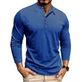 Men's casual long-sleeve Henley T-shirt in premium slub blue fabric - Blue