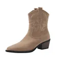 Women's stylish tan suede Western cowboy ankle boots with pointed toe and white embroidery - 38 / Apricot