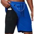 Professional men's 2-in-1 athletic running shorts in royal blue with hidden phone pocket - M / Bottoms / Blue