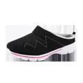 Detail shot of black winter mules with pink zigzag stitching and faux fur lining - 36 / Black/Rose Red