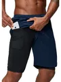 Men's 2-in-1 navy blue sports shorts with built-in phone pocket and compression liner. - Navy Blue