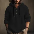 Classic black men's cotton linen hooded henley shirt with elegant gold buttons - S / Tops / Black
