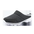 Detail of a dark grey winter quilted mule slipper with warm faux fur lining. - Dark Gray