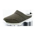 Close-up of warm winter mule shoes with grey fleece lining and zigzag stitching - Army Green