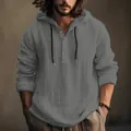 Detailed close-up of men's grey cotton linen hooded shirt featuring buttons and texture - S / Tops / Dark Gray