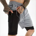 Men's 2-in-1 athletic shorts with phone pocket and earphone hole in gray and black - Light Gray
