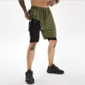 Men's 2-in-1 olive green athletic shorts with built-in phone pocket and earphone hole - Army Green