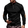 Men's black corduroy casual sweatshirt with stand collar and brown elbow patches design - S / Top (YFY-GPT-1) / Black