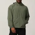 Detailed view of an olive green men's hooded windbreaker jacket with water repellent fabric. - S / Tops / Fog Green