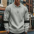 Detailopname van een retro zware grijze polo-sweatshirt voor heren met zwarte strepen - S / Top (MS-CY37) / Grijs