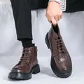 Retro brown leather Martin boots for men with thick soles and side zippers - Dark Brown