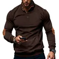 Men's brown corduroy leisure sweatshirt with stand collar and elbow patches details - Brown