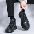 Stylish black thick-sole Martin boots for men with retro high-top lace-up design and side zipper - Black