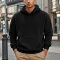 Detailed view of a men's black sherpa fleece hoodie with casual loose fit outdoors. - S / Tops / Black