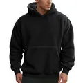 Close-up of men's black oversized sherpa hoodie with fuzzy texture and kangaroo pocket. - S / Tops / Black