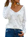 Detail of long-sleeved T-shirt featuring gold heart print and striped sleeves - S / Tops / White