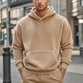 Close-up of men's beige double-sided fleece hoodie with soft Sherpa texture and hood - S / Tops / Khaki