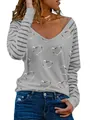 Detail of women's grey V-neck T-shirt with heart print and striped long sleeves. - Gray