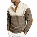 Men's loose color-block corduroy sweatshirt with button stand collar and elbow patches - S / Tops / Apricot and Brown