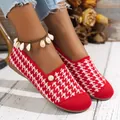 Mocasines planos con estampado de pata de gallo rojo y blanco, perla y tejido transpirable - Rojo