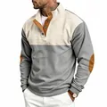 Men's relaxed fit two-tone corduroy sweatshirt with stand collar and elbow patches - S / Tops / Apricot and Grey