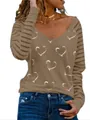 Khaki long sleeve V-neck top featuring white heart print and striped sleeves detail - Khaki