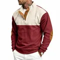 Men's corduroy color-block sweatshirt with button collar and elbow patches - Apricot and Red