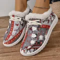 Detailed macro view of women's Christmas cotton shoes with cute gnome prints and white fur - 36 / Christmas Print
