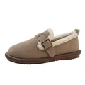 Warme, mit Fleece gefütterte Loafer mit dekorativem Schnallenriemen aus khakifarbenem Wildleder. - 35 / Khaki