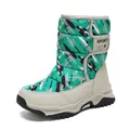 Children's warm winter snow boots featuring green camo puffer design and beige trim. - 26 / Graffiti Snow Boots (0966) / Beige Green