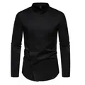 Vue de face chemise noire à manches longues avec patte de boutonnage inclinée irrégulière - S / Hauts / Noir