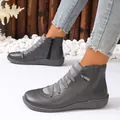 Dark grey flat ankle boots for women with side zipper and elastic laces - 36 / Gray