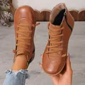 Vintage brown faux leather flat Martin boots with front lace-up and side zipper closure detail - Brown